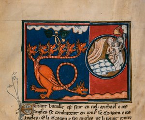 Die Frau und der Drache. Miniatur aus: Apokalypse des heiligen Johannes, ca. 1320 von Unbekannt