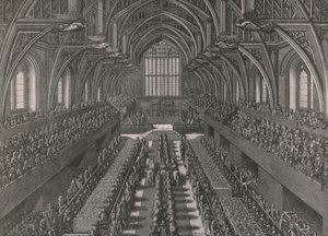 Das Bankett im Großen Saal des Palastes von Westminster...Krönung von James II. im Jahr 1685, 1902