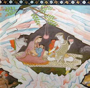 Die heilige Familie sitzt in einer Höhle auf dem Berg Kailasa von Unbekannt