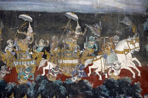 Das Innere der Silberpagode ist mit Wandmalereien bedeckt, die Geschichten aus dem Reamker darstellen, der Khmer-Version des klassischen indischen Epos, dem Ramayana. Einige Abschnitte der Wandmalereien sind beschädigt und verwittert. von Unbekannt