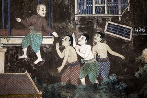 Das Innere der Silberpagode ist mit Wandgemälden bedeckt, die Geschichten aus dem Reamker darstellen, d.h. der Khmer-Version des klassischen indischen Epos, dem Ramayana. Einige Abschnitte der Wandgemälde sind beschädigt und verwittert. von Unbekannt