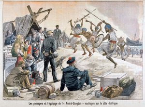 Die Passagiere und Ausrüstung des auf der afrikanischen Küste gestrandeten Schiffes von Admiral Gueydon, 1903