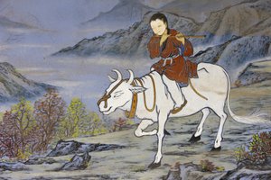 Die zehn Ochsenhüter-Bilder des Zen-Buddhismus stellen die Stufen der Erleuchtung dar: Heimkehr auf dem Rücken des Ochsen, Seoul, Südkorea
