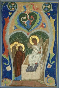 Die drei Marien und der feurige Engel am Grab. Initiale, ca. 1310 von Unbekannt