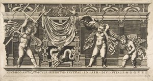 Drei Putten vor einer Fassade mit Pilastern, eine hält einen Dreizack, ca. 1515-1600 von Unbekannt