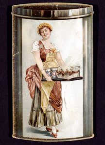 Handelskarte für Dosenwürstchen, produziert von Heinrich Bauer aus Frankfurt am Main, Deutschland, ca. 1895