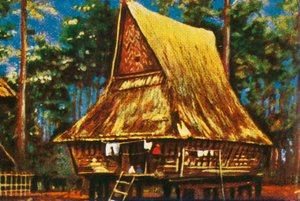 Traditionelles Haus auf Stelzen, Sumatra, ca. 1928