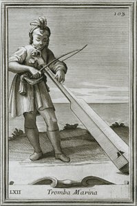 Trumscheit Tromba Marina, Gravur aus F. Bonannis Buch Cabinetto Armonico, Rom, 1722, 1948