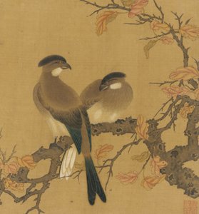 Zwei Haubenvögel auf einem Ast, Herbstblätter, Qing-Dynastie, 18. Jahrhundert