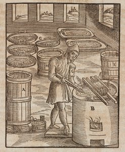 Ein Mann testet Salpeter, verwendet in Schießpulver und zur Konservierung von Fleisch - Gravur aus Beschreibung der Erze und der wichtigsten Bergbaumethoden, von Lazarus Ecker