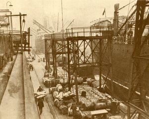 Entladen von Lebensmittelschiffen an den Royal Albert Docks, London von Unbekannt
