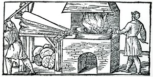 Verwendung von Blasebälgen zur Erhöhung des Zuges in einem Ofen, 1540 von Unbekannt