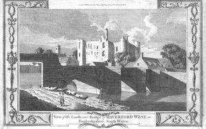 Ansicht des Schlosses und der Brücke von Haverford West in Pembrokeshire, späte 18. Jahrhundert