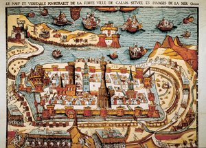 Ansicht der Stadt Calais im Jahr 1538. Xylographie. von Unbekannt