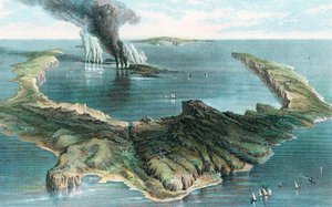 Vulkan auf der Insel Thera Santorini im Ausbruch, 1866
