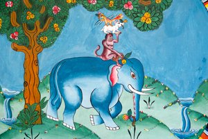 Wand, die die Legende der vier Freunde darstellt; Elefant; Affe; Hase und Hahn; Kharbadi Gompa; Phuentsholing; Königreich Bhutan