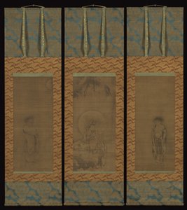 Weißgekleideter Guanyin mit Hanshan und Shide, 14. Jahrhundert