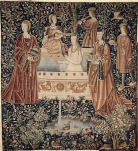 Frau beim Baden umgeben von Dienerinnen, Tapisserie-Serie La Vie Seigneuriale, ca. 1500 von Unbekannt