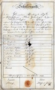 Jahresendzeugnis der Grundschule am Sonntag eines Schülers (Monika Haltenberger, Tochter des Küsters), einer Grundschule vom 24. September 1840, Akademie von Geretsried, Oberbayern, Deutschland, Europa