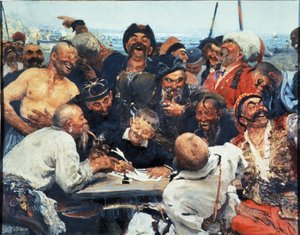 Saporoger Kosaken schreiben einen Brief an den türkischen Sultan, Gemälde von Ilja Repin von Unbekannt