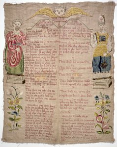 Stickerei, die die Zehn Gebote darstellt, von Elizabeth Coventry, Englisch, 1727