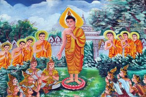 20151029, Vientiane, Laos: Wat Inpeng buddhistischer Tempel. Gemälde, das die Lebensgeschichte von Shakyamuni Buddha darstellt von Unbekannt