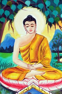 Wat Inpeng buddhistischer Tempel. Gemälde, das die Lebensgeschichte von Shakyamuni Buddha darstellt. Buddha im Meditationspose