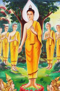 Gemälde, das die Lebensgeschichte von Shakyamuni Buddha darstellt. Der Buddha widmete sich dem Lehren und zog Hunderte von Anhängern an von Unbekannt