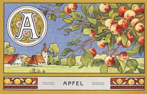 A: Apfel - Alphabet Palmin. Serie von Chromolithografien herausgegeben von H. Schlinck & Cie, Hamburg, o. J. Werbung für Palmin feinstes Kokosfett. Maße: 7 x 11 cm von Unbekannter Künstler