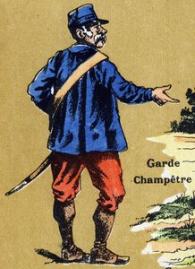 Ein Landwächter. Illustriertes Alphabet. Bildereien vereint in Jarville-Nancy, Anfang des 20. Jahrhunderts. Dim: 40 x 29 cm. Lithographie auf bistre Hintergrund von Unbekannt