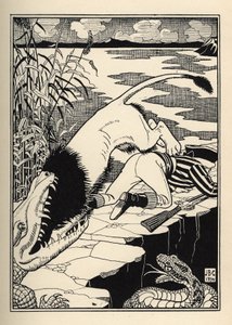 Ein Löwe, der den Baron von Münchhausen angreifen wollte, endete mit einem Krokodil. Illustration von William Strang (1859-1921) und JB Clark aus „Die Abenteuer des Baron von Münchhausen“ von Rudolf Erich Raspe (1736-1794) (1789) von Unbekannt