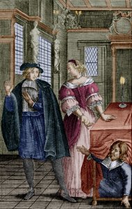 Szene aus dem Stück „Tartuffe“ von Molière (1664) mit Orgon (unter dem Tisch), Elmire, seiner Frau, und Tartuffe, Gravur von Unbekannter Künstler