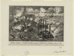 Admiral David Dixon Porters Flotte durchbricht die Rebellenblockade am Mississippi bei Vicksburg, 16. April