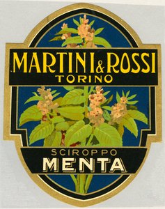 Werbeetikett für Minzsirup Martini e Rossi