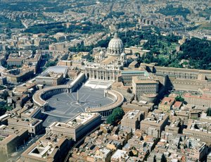 Luftaufnahme der griechischen Kreuzbasilika, Piazza San Pietro und der umliegenden Vatikanstadt
