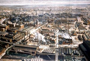 Luftaufnahme der Krupp-Fabrik in Essen, ca. 1920 (Gravur)
