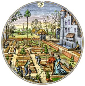 Landwirtschaft: Gartenarbeit in einem europäischen Gemüsegarten zu Beginn des Frühlings um 1590. Farbiger Stich aus dem 16. Jahrhundert