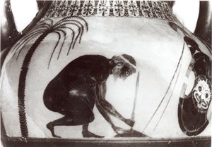 Ajax bereitet sich auf seinen Tod vor, Illustration nach einer griechischen Kratervase aus dem 6. Jahrhundert v. Chr. (Gravur)