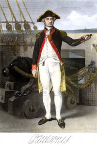 Amerikanische Marine: John Paul Jones (1747-1791), Seemann und Held des Unabhängigkeitskrieges der Vereinigten Staaten von Amerika. Farbige Gravur mit Unterschrift. von Unbekannter Künstler