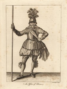 Ein Offizier der Pikenier in Militäruniform mit Helm, Brustpanzer, Schärpe, Kniehosen, Strümpfen mit Schwert und Pike