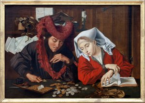 Ein Schöffe und seine Frau, eine moralisierende allegorische Szene des Alltagslebens oder unter einer Kerze, das Gewicht von Goldmünzen auf der Waage, entdeckt die Aufmerksamkeit für spirituelle Beschäftigungen, Öl auf Leinwand, Werkstatt von Marinus Claes