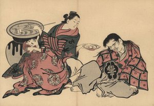 Eine Oiran Kurtisane spielt zwei Shojo mit Sake aus einer riesigen Vase. Holzschnitt von Masanobu Okumura (1686-1764) aus Fuzoku Emakimono, Bildrolle des Wasserhandels, Tokio, Nachdruck um 1880.