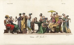 Antike griechische Frauen bei ihrer Toilette: Haare waschen in einem Becken, Kleidung anprobieren, Haare arrangieren, eine Halskette bewundern, etc. Handkolorierter Kupferstich von Sasso nach einem Gemälde von Pelagio Palagi aus Giulio Ferrarios Kostüme de