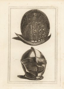 Antiker venezianischer Morionhelm verziert mit militärischen Trophäen und ein Burgonethelm mit einheitlichem Visier und Kinnschutz aus dem Tower of London