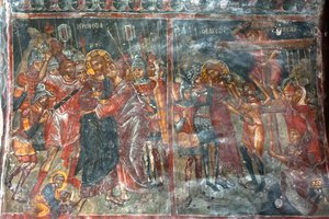 Antike Fresken; Wandmalereien; Kuss des Judas; Kreuzigung Jesu; Panagia und Sotiras Kirche; Griechisch-Orthodoxe Kirche; Roustika; Kreta; Griechenland; Europa