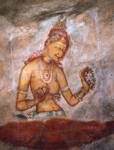 Apsaras, himmlische Nymphe, die Blumen anbietet, Fresko, befestigte Zitadelle von Sigiriya (UNESCO-Welterbeliste) von Alec Hunter