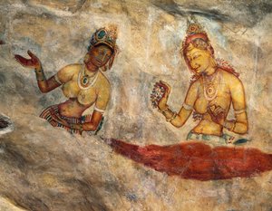 Apsaras, himmlische Nymphen, die Blumen anbieten, Fresko, befestigte Zitadelle von Sigiriya (UNESCO-Welterbeliste) von Alec Hunter