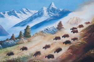 Kunst; Gemälde einer Yak-Herde unter dem Ama Dablam Berg; Landleben; Galerie in Kathmandu; Nepal; Asien