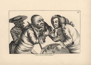 Der bankrotte Toby und seine Frau Doxy betteln in einer Taverne um Käse und Bier. Kupferstich von Thomas Sanders nach einer satirischen Illustration von Timothy Bobbin (John Collier) aus Human Passions Delineated, John Haywood, Manchester.