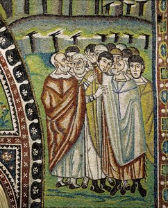 Basilika San Vitale, Detail der Lünettenmosaiken über dem Eingang zum Umgang, die Aaron und die Führer der zwölf Stämme Israels darstellen, Ravenna, Emilia-Romagna, Italien von William M. Timlin